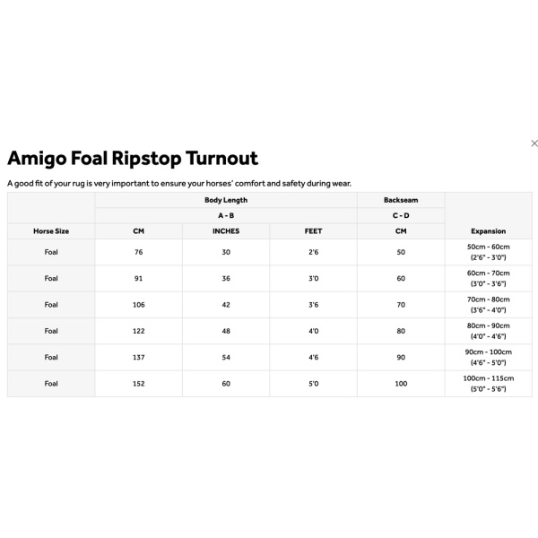 Amigo foal rug föltäcke horseware storlekstabell